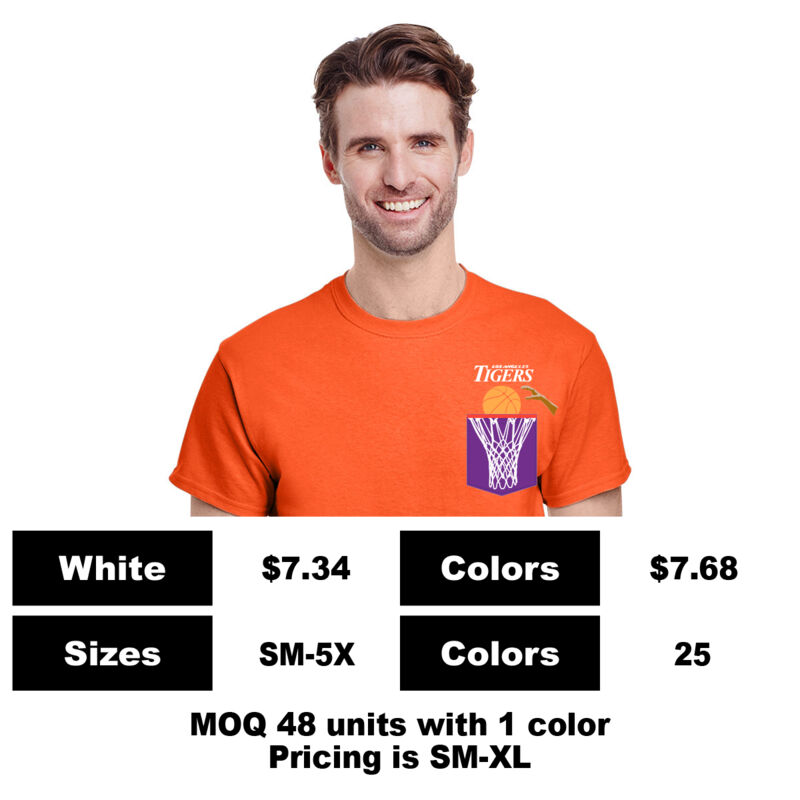 G5000-P: Screen Print Above & On Pocket - 5.3 oz Cotton Pocket T-Shirt